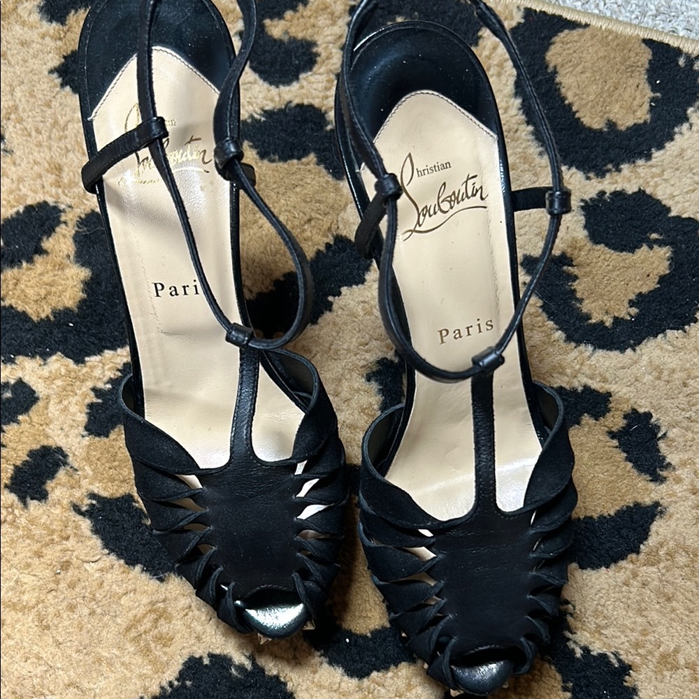 Christian Louboutin Black Spiked Platform T strap Sandals Size 38.5